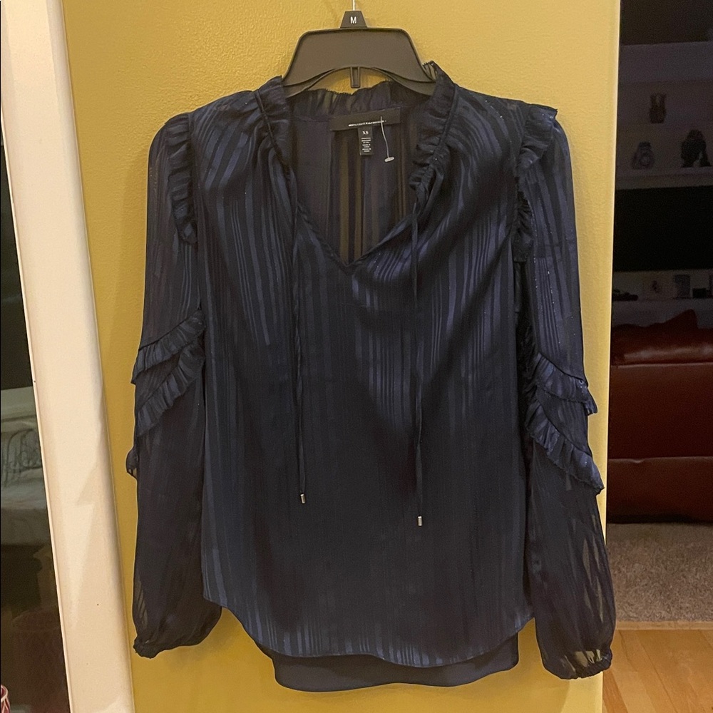 NWT White House Black Market Navy Sheer Striped Ruffle Tie Blouse